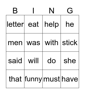 Kindergarten Words Bingo Card