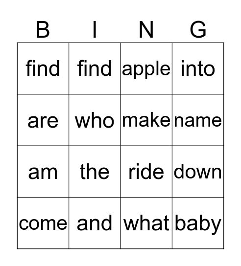 Kindergarten Words Bingo Card