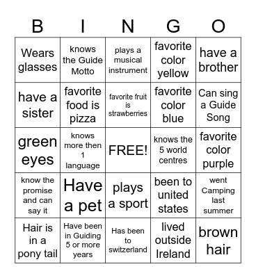 Girl Guides Bingo Card