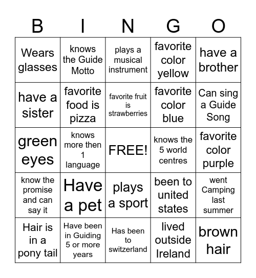 Girl Guides Bingo Card