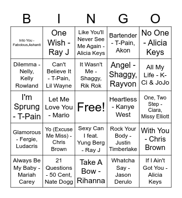 2000's Love Songs Bingo Card