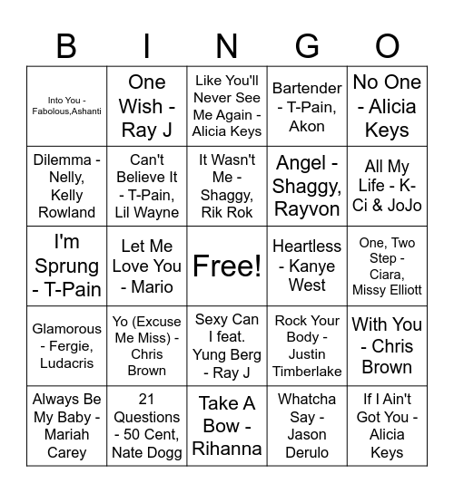 2000's Love Songs Bingo Card