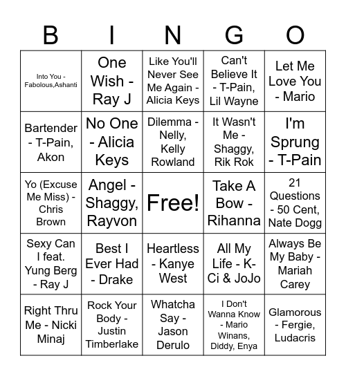 2000's Love Songs Bingo Card