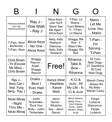 2000's Love Songs Bingo Card