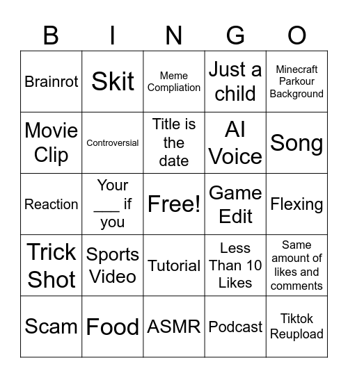 Youtube Shorts Bingo Card