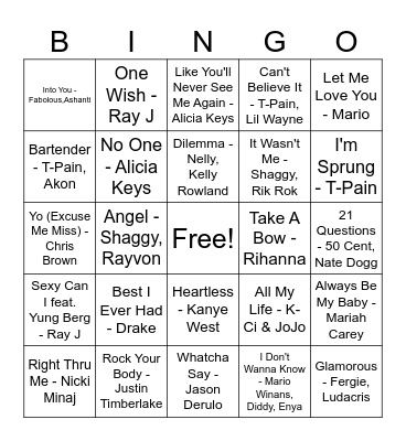 2000's Love Songs Bingo Card