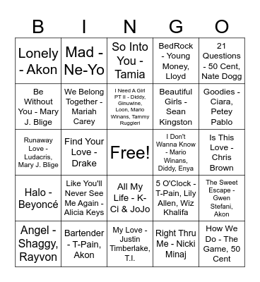 2000's Love Songs Bingo Card