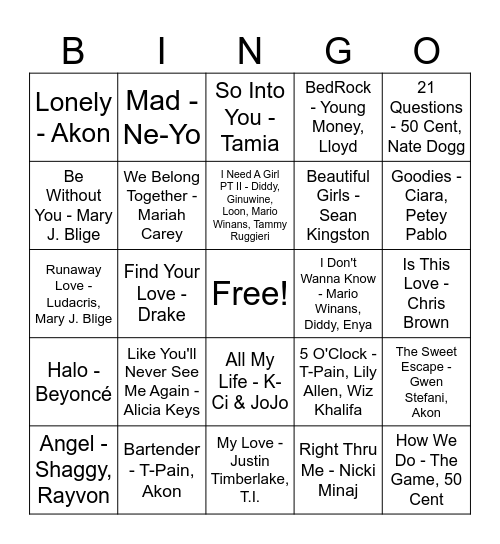 2000's Love Songs Bingo Card