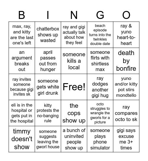 gworls beach episode (+ friends) Bingo Card