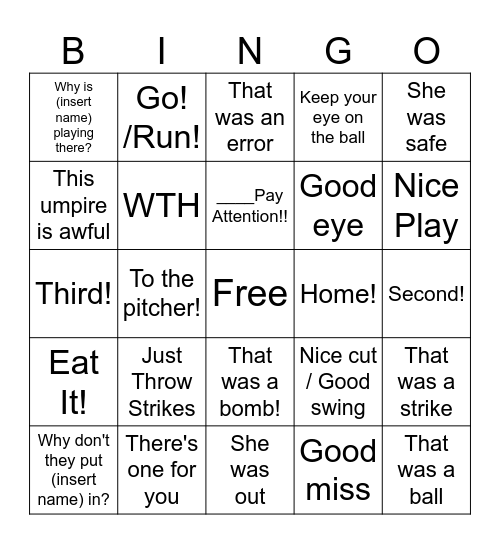 Softball Stand Bingo Card