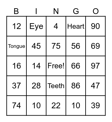 Bingo 1-96 Bingo Card