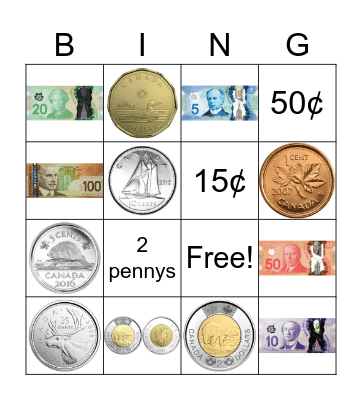 Canadian Money Bingo Card