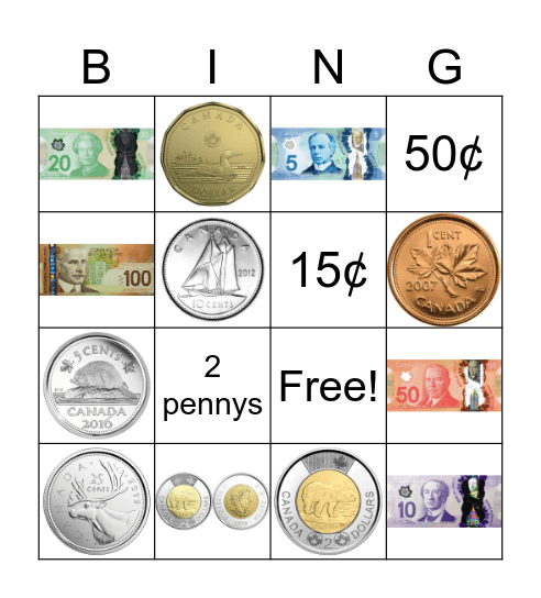 Canadian Money Bingo Card