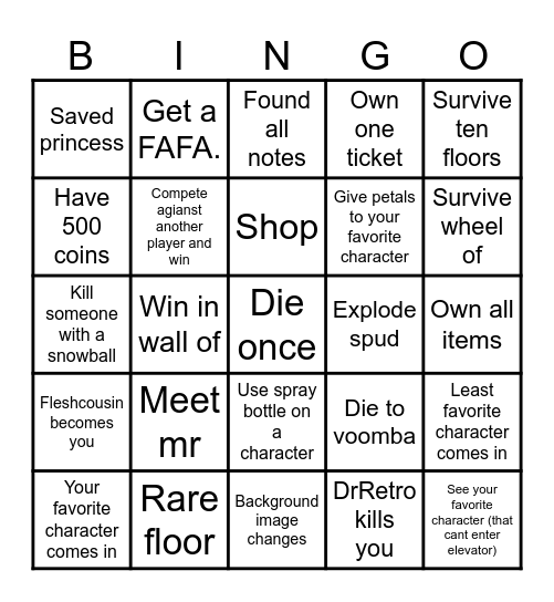 Roblox regretevator Bingo Card