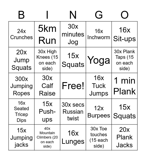 Fitness BINGO Challenge Bingo Card