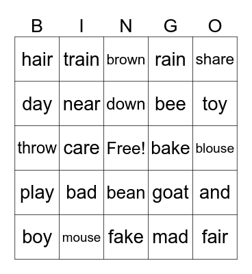 Sight Words Bingo Card