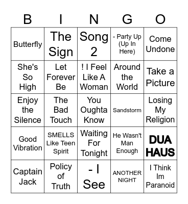 EDDIE O'S MUSIC BINGO 90-2K Bingo Card