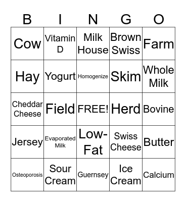 DAIRY BINGO Card