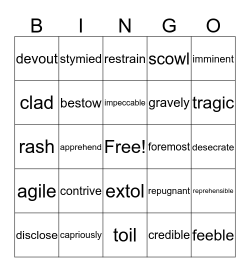 Vocabulary Words Bingo Card