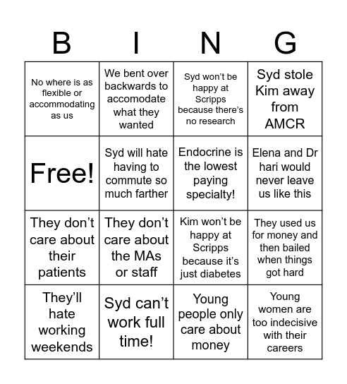 Sillick BINGO Card