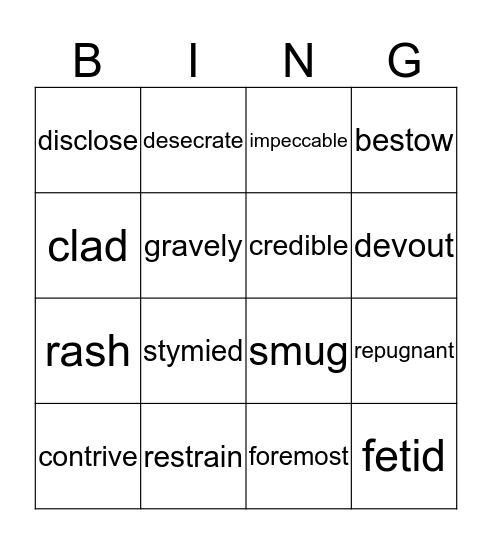 Vocabulary Words Bingo Card