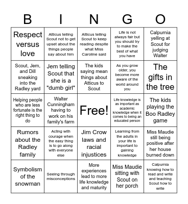 To Kill A Mockingbird Bingo Card