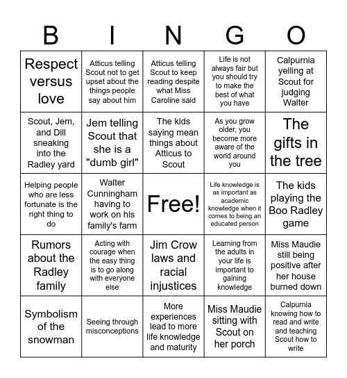 To Kill A Mockingbird Bingo Card