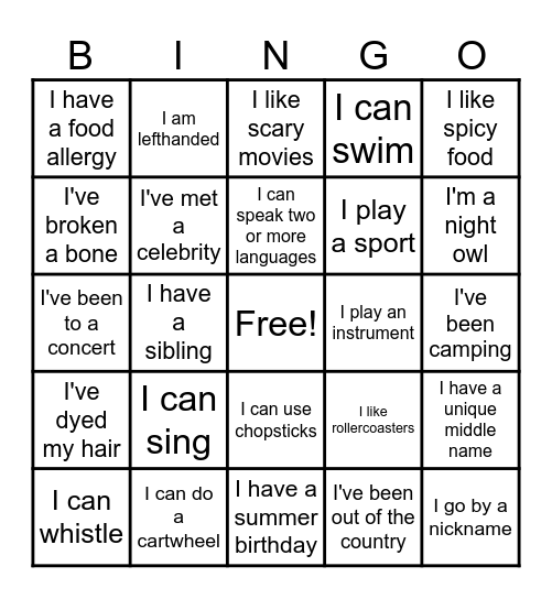 Get To Know Me Bingo Card