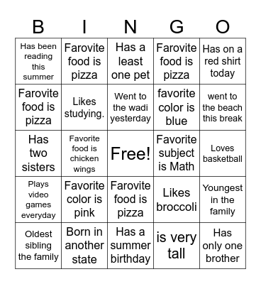 All About Me Bingo Card