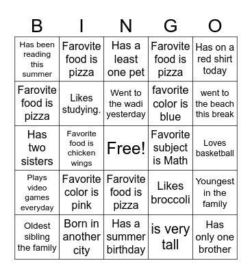 All About Me Bingo Card