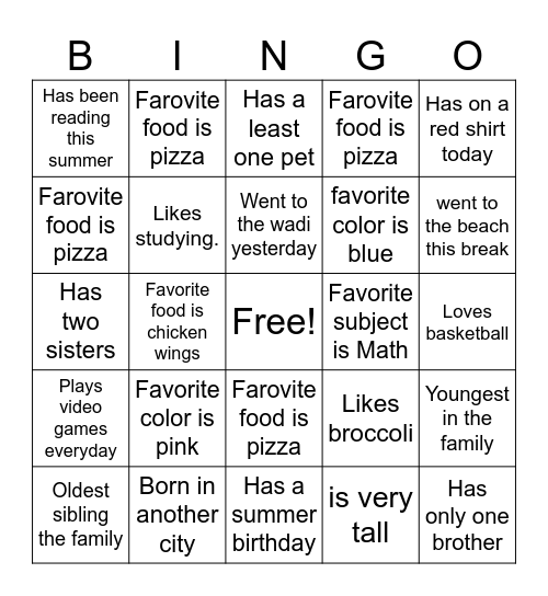 All About Me Bingo Card