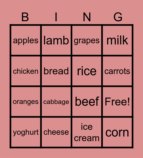 Food Bingo Card