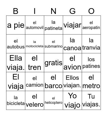 los transportes Bingo Card