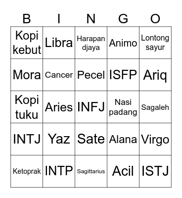 Yaz Bingo Card