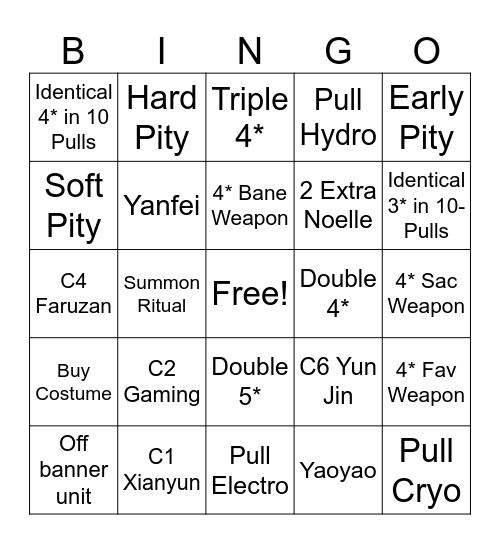 Xianyun Bingo Card