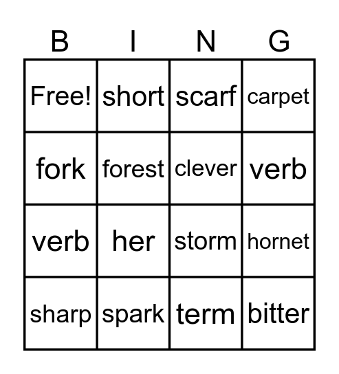 Bingo Spelling 'ar' 'or' 'er' Bingo Card