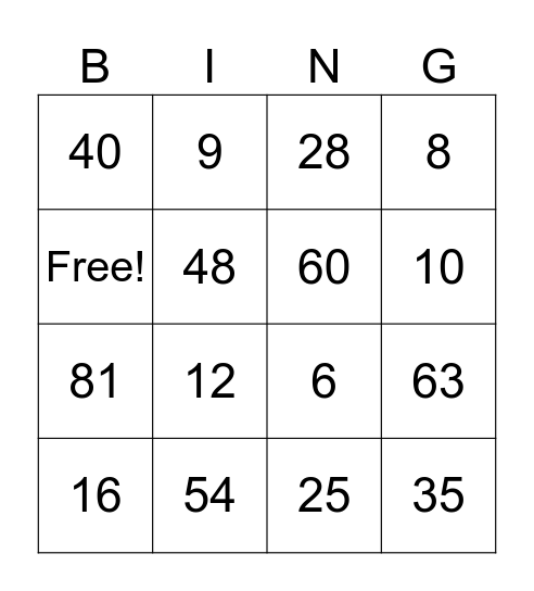 Math Group 2 Bingo Card