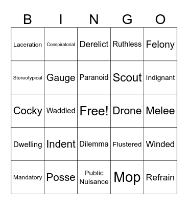 All American Boys Vocab Bingo Card