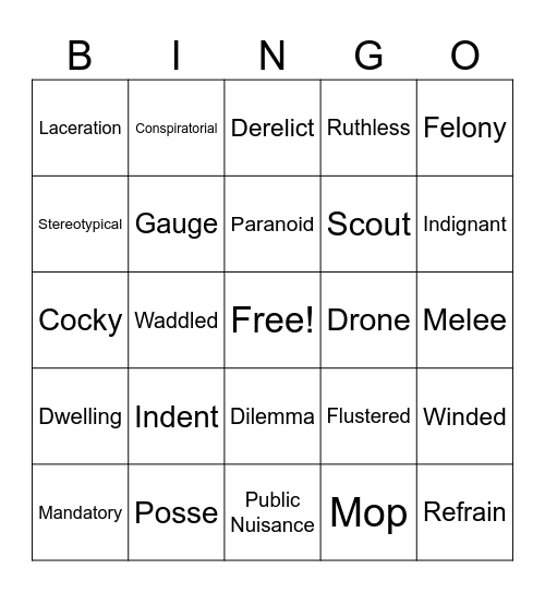 All American Boys Vocab Bingo Card