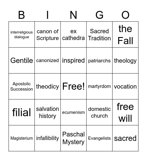 Theology 1: 3, 4, & 5 Bingo Card