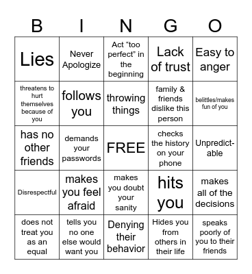 Relationship Red Flags Bingo CSH Bingo Card