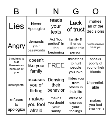 Relationship Red Flags Bingo CSH Bingo Card