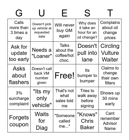 CUSTOMER BINGO Card