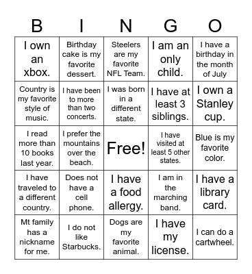 Get To Know You BINGO Card