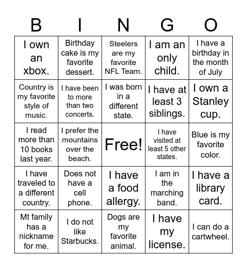 Get To Know You BINGO Card