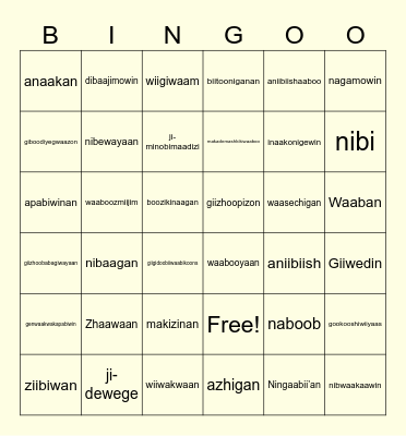 Ojibwemowin need to know nouns Bingo Card