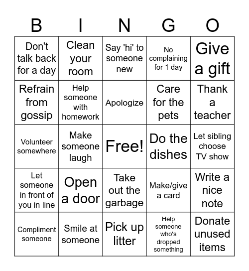 KINDNESS Bingo Card