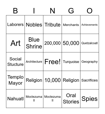 The Aztecs Bingo Card