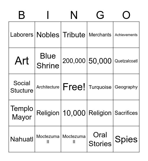 The Aztecs Bingo Card