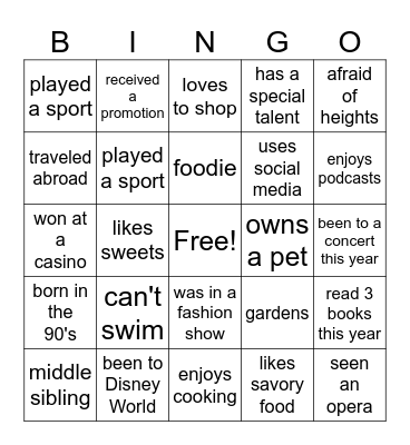 GETTING TO KNOW YOU Bingo Card